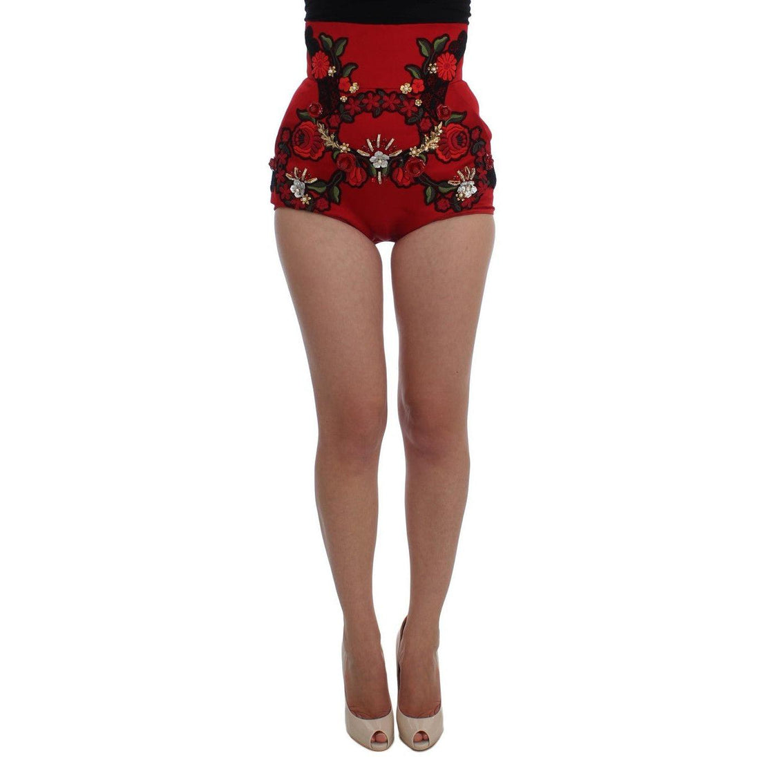 Dolce & Gabbana Red Silk Crystal Roses Shorts - Paris Deluxe