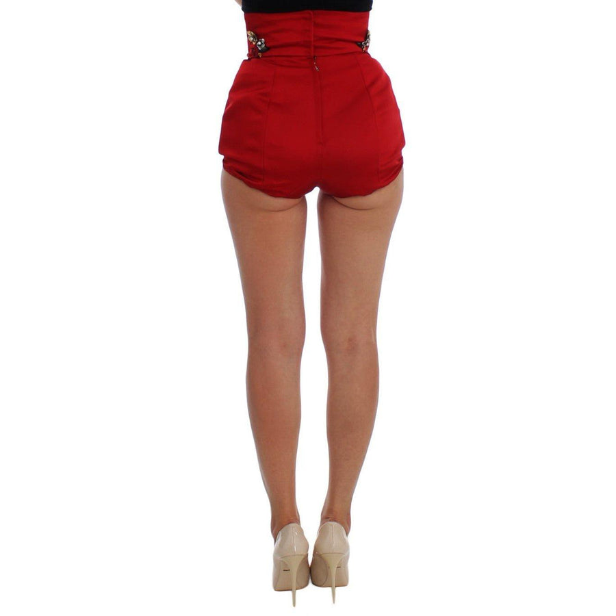 Dolce & Gabbana Red Silk Crystal Roses Shorts - Paris Deluxe