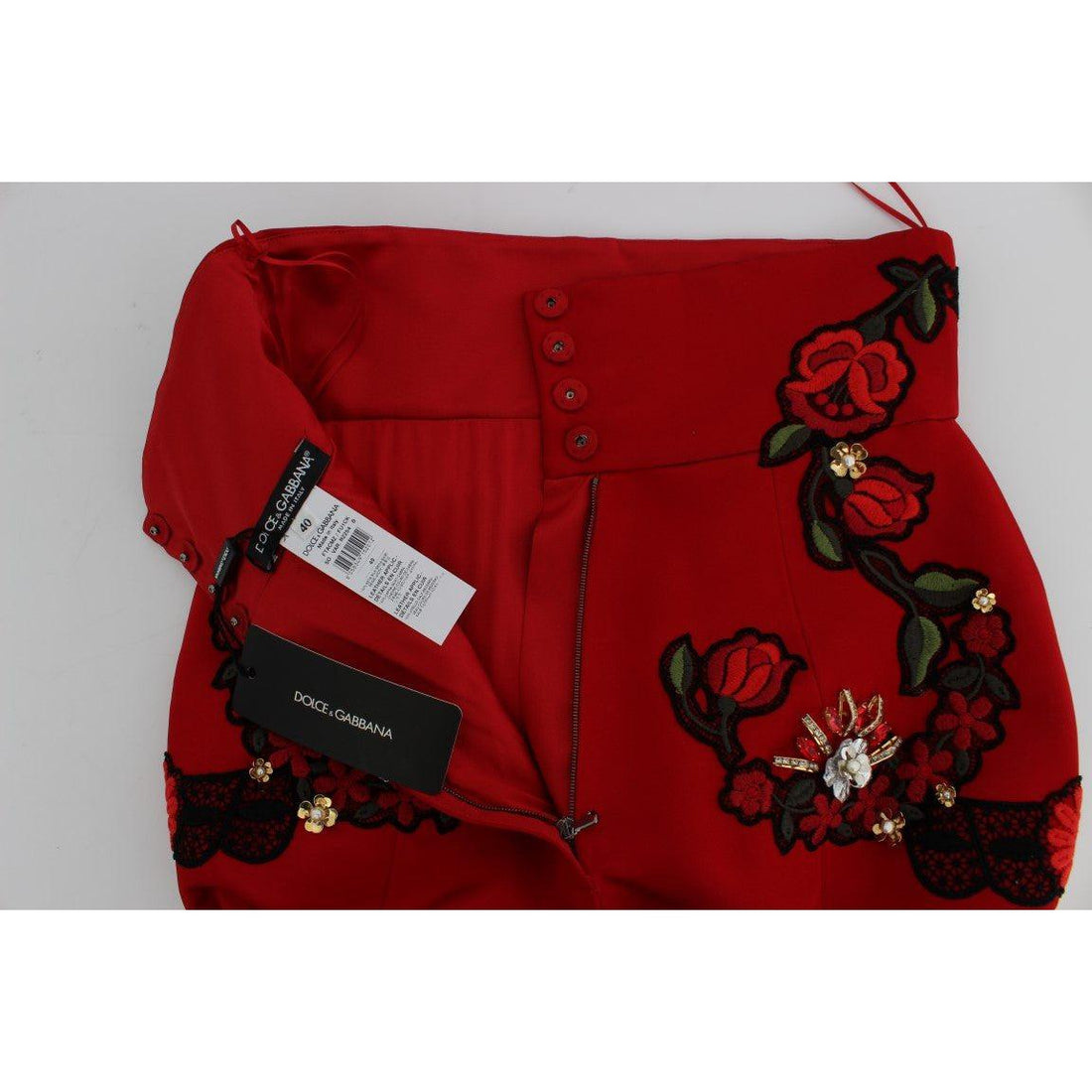 Dolce & Gabbana Red Silk Crystal Roses Shorts - Paris Deluxe