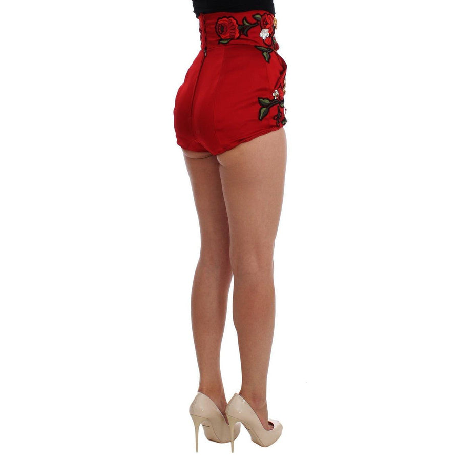 Dolce & Gabbana Red Silk Crystal Roses Shorts - Paris Deluxe