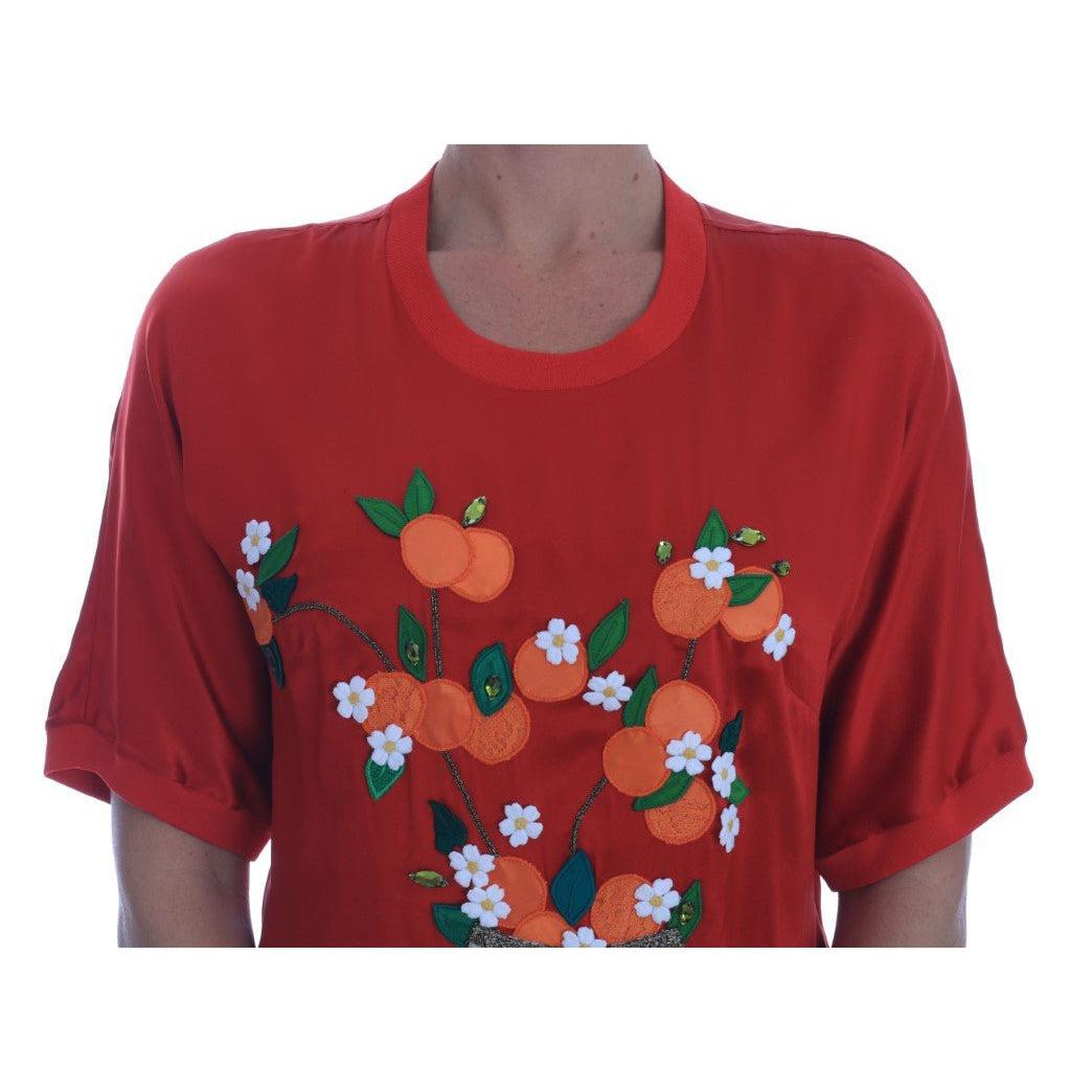 Dolce & Gabbana Red Silk Oranges Floral Crystal Blouse - Paris Deluxe