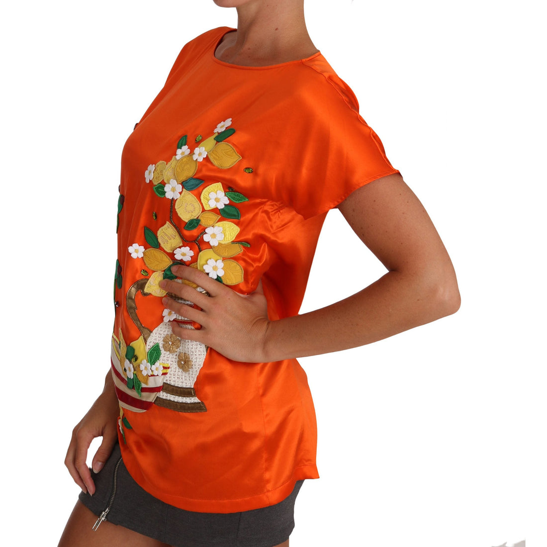 Dolce & Gabbana Silk Orange Lemon Crystal T-shirt Top - Paris Deluxe