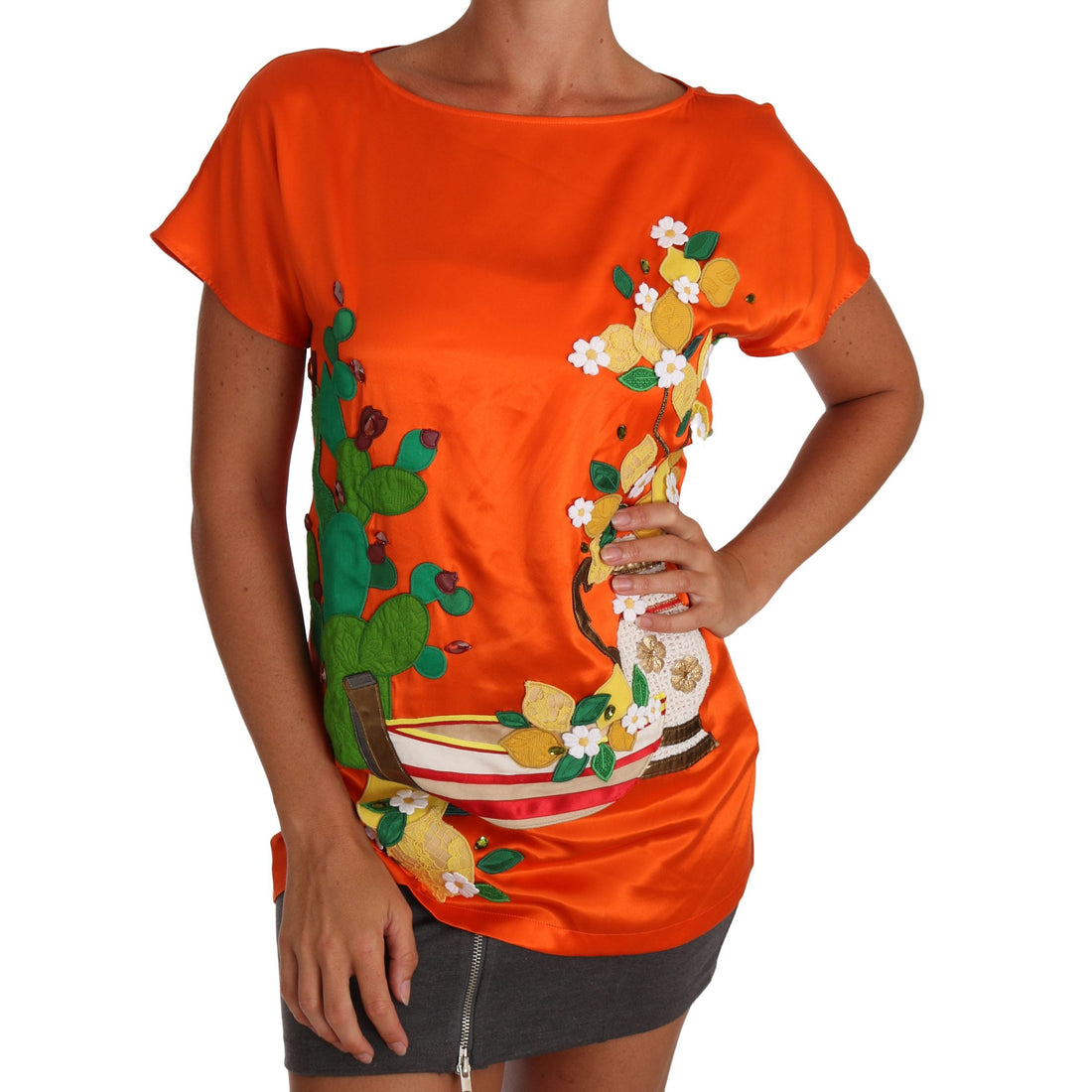 Dolce & Gabbana Silk Orange Lemon Crystal T-shirt Top - Paris Deluxe