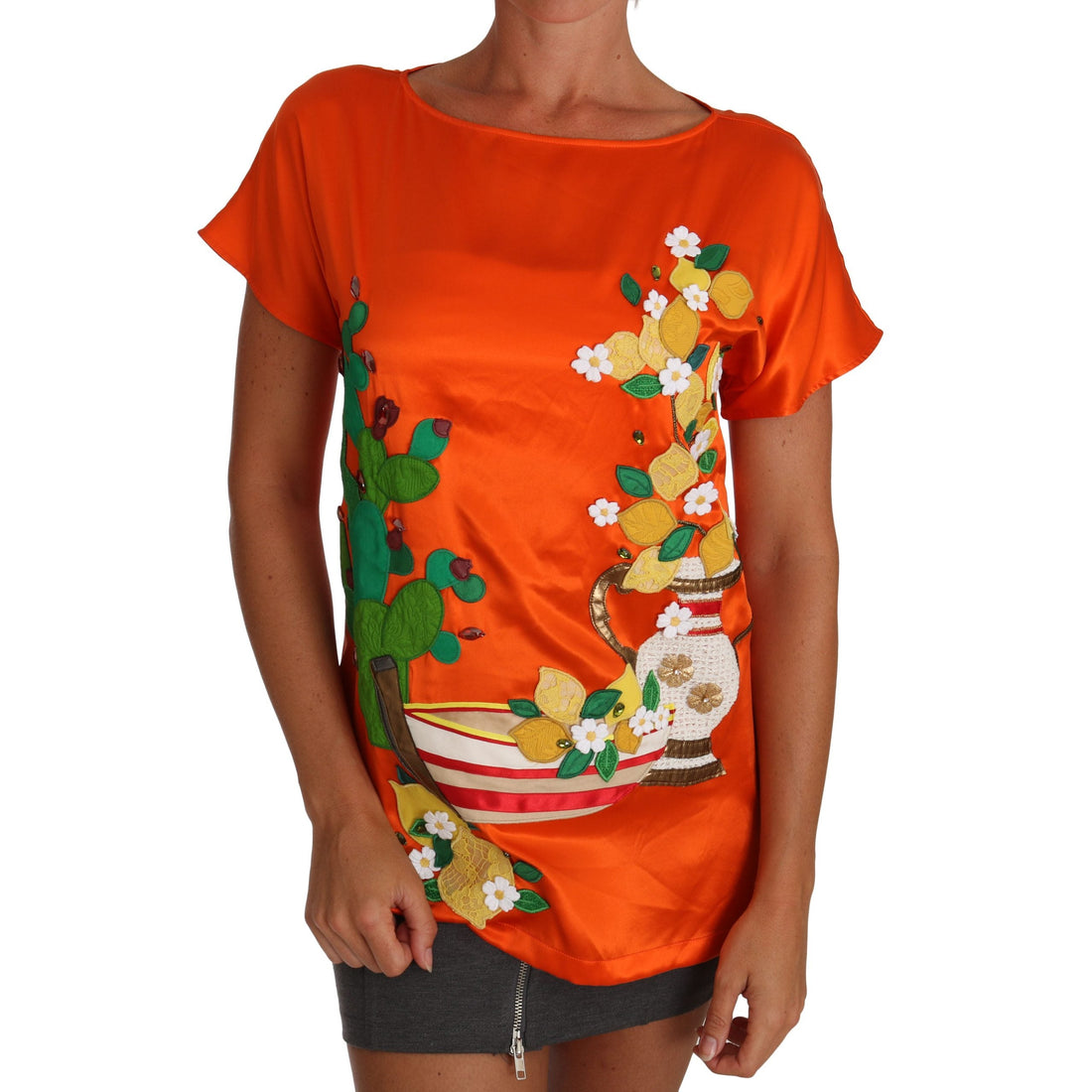 Dolce & Gabbana Silk Orange Lemon Crystal T-shirt Top - Paris Deluxe