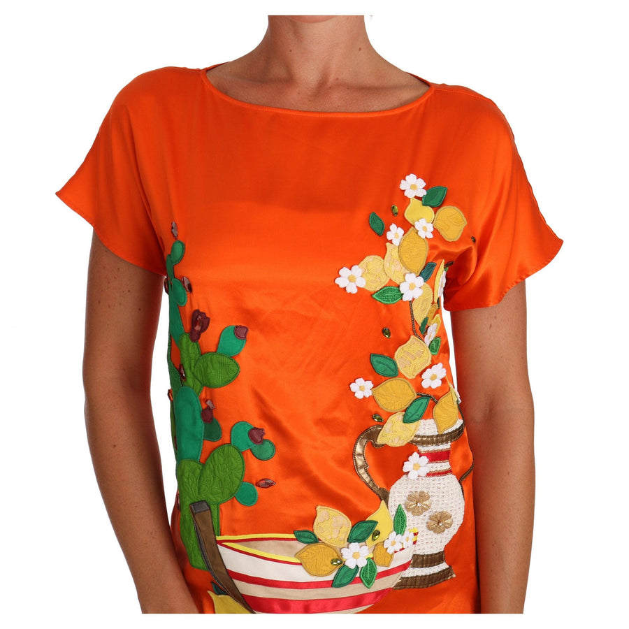 Dolce & Gabbana Silk Orange Lemon Crystal T-shirt Top - Paris Deluxe