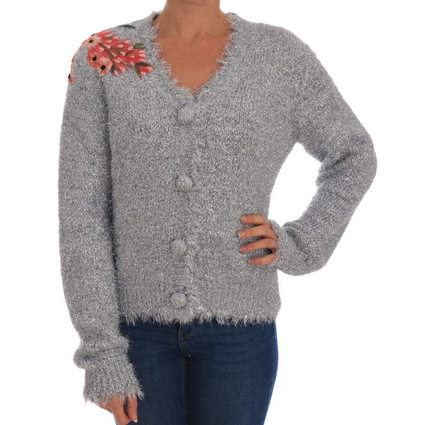 Dolce & Gabbana Silver Cardigan Floral Applique Sweater - Paris Deluxe