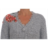 Dolce & Gabbana Silver Cardigan Floral Applique Sweater - Paris Deluxe