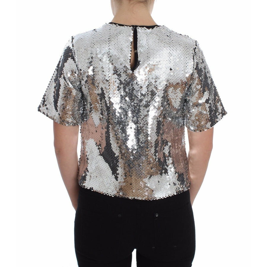 Dolce & Gabbana Silver Sequined Crewneck Blouse T-shirt Top - Paris Deluxe