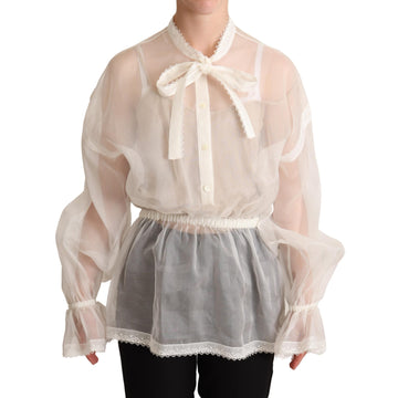 Dolce & Gabbana White Ascot Collar Long Sleeves Blouse Top - Paris Deluxe