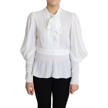 Dolce & Gabbana White Blouse Ascot Collar Lantern Sleeves Top - Paris Deluxe