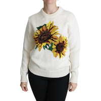 Dolce & Gabbana White Floral Wool Pullover Sunflower Sweater - Paris Deluxe