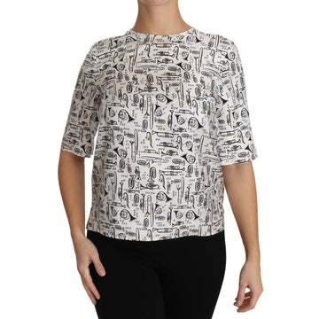 Dolce & Gabbana White Musical Instruments Print Blouse - Paris Deluxe