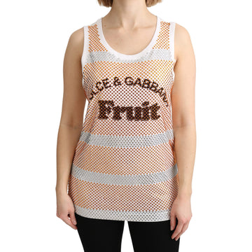 Dolce & Gabbana White Orange Crystal Sleeveless Tank Cotton Top - Paris Deluxe