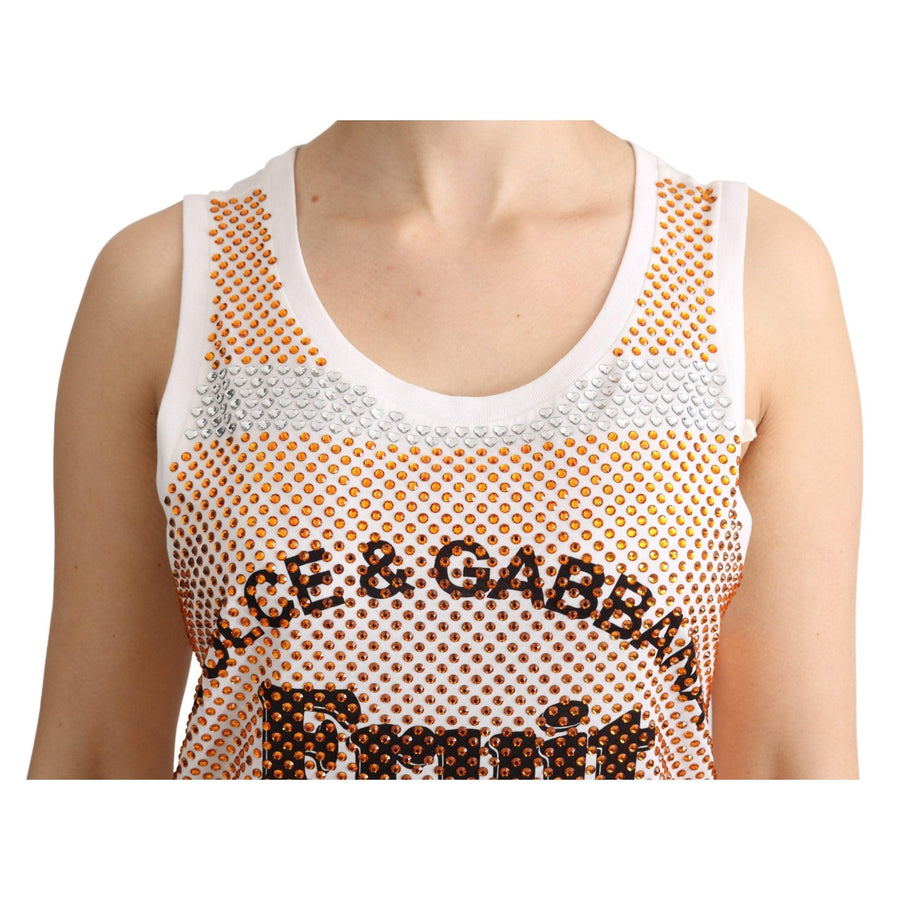 Dolce & Gabbana White Orange Crystal Sleeveless Tank Cotton Top - Paris Deluxe