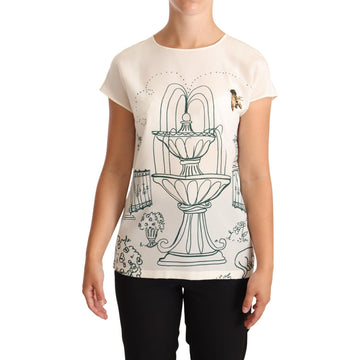 Dolce & Gabbana White Silk Garden Fountain T-Shirt Blouse - Paris Deluxe