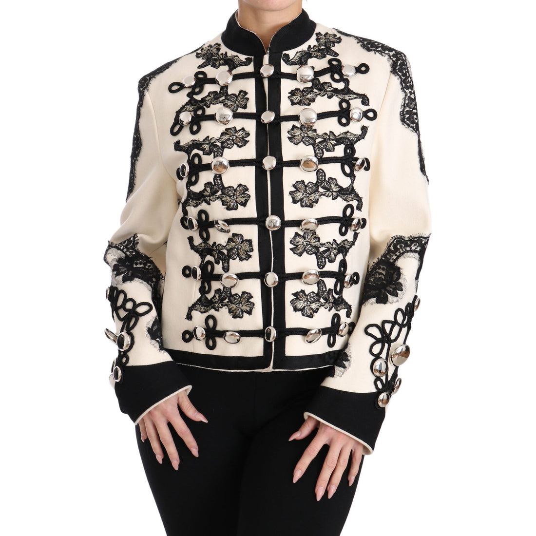 Dolce & Gabbana White Wool Black Floral Baroque Jacket - Paris Deluxe