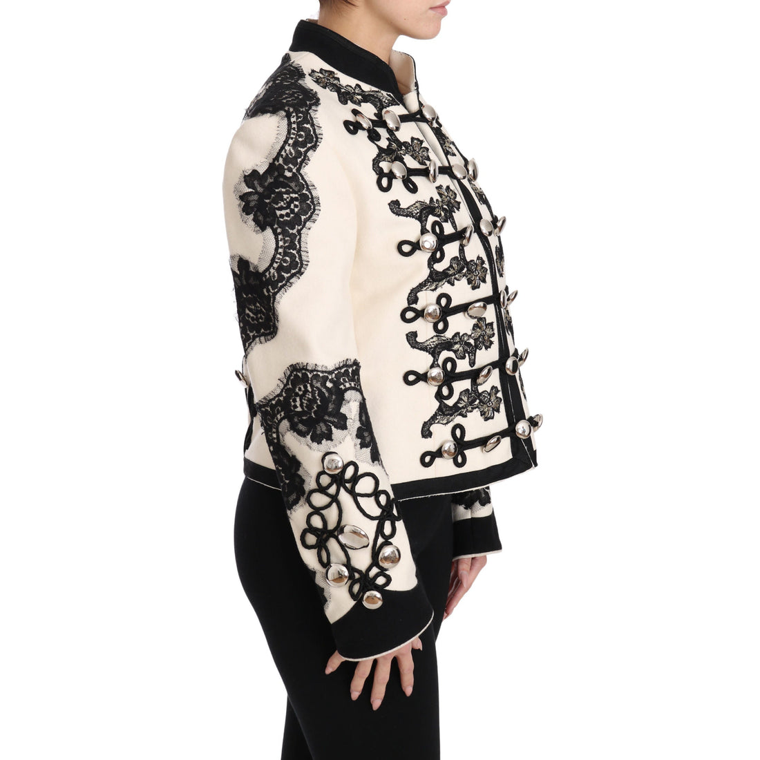 Dolce & Gabbana White Wool Black Floral Baroque Jacket - Paris Deluxe