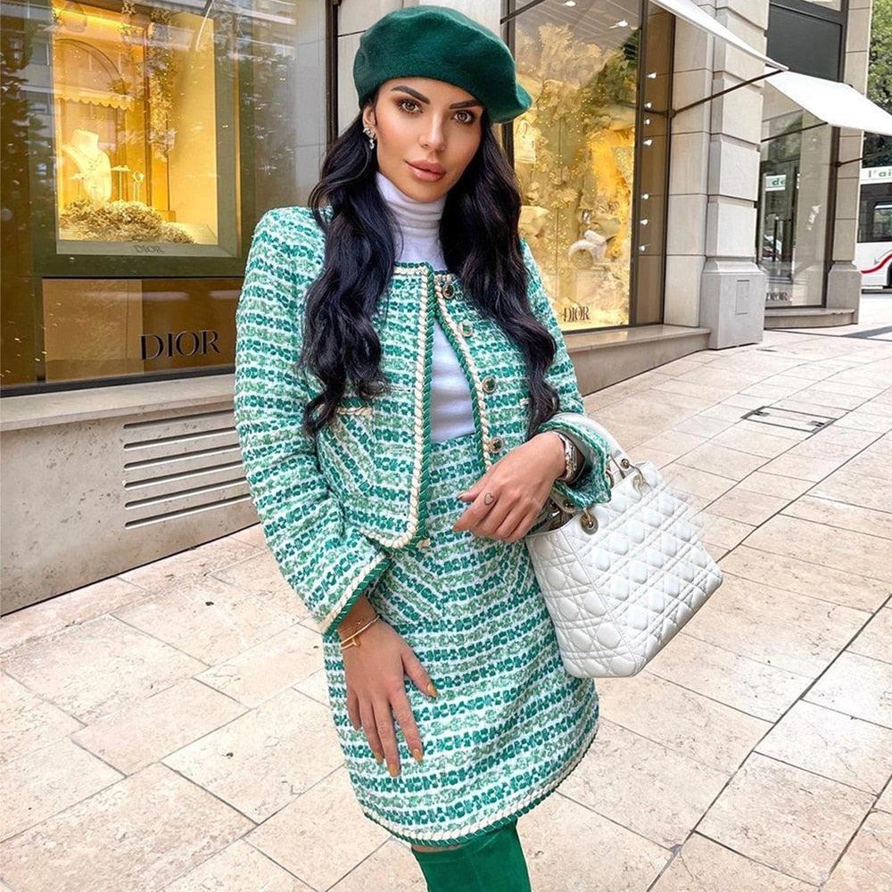 Ensemble Deux Pièces Tweed Vert Mini Jupe Taille Haute Look Paris - Paris Deluxe