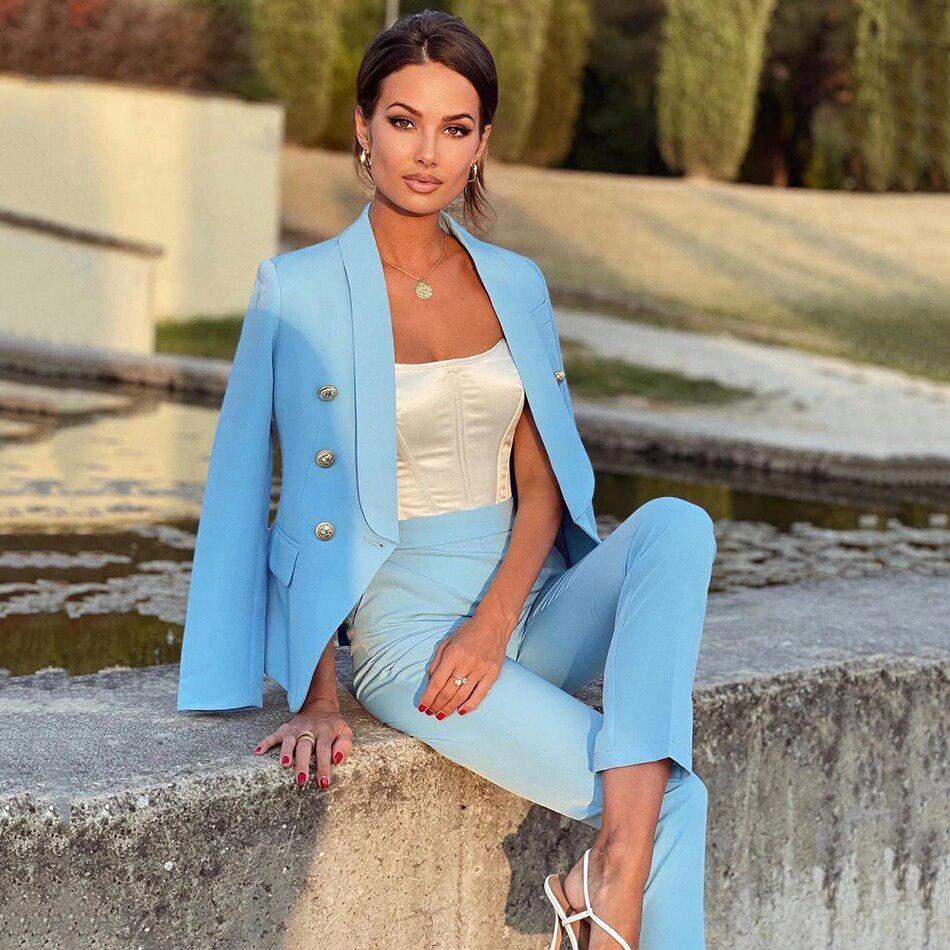 Ensemble Tailleur Bleu Cotton Léger Boutons Dorés - Paris Deluxe