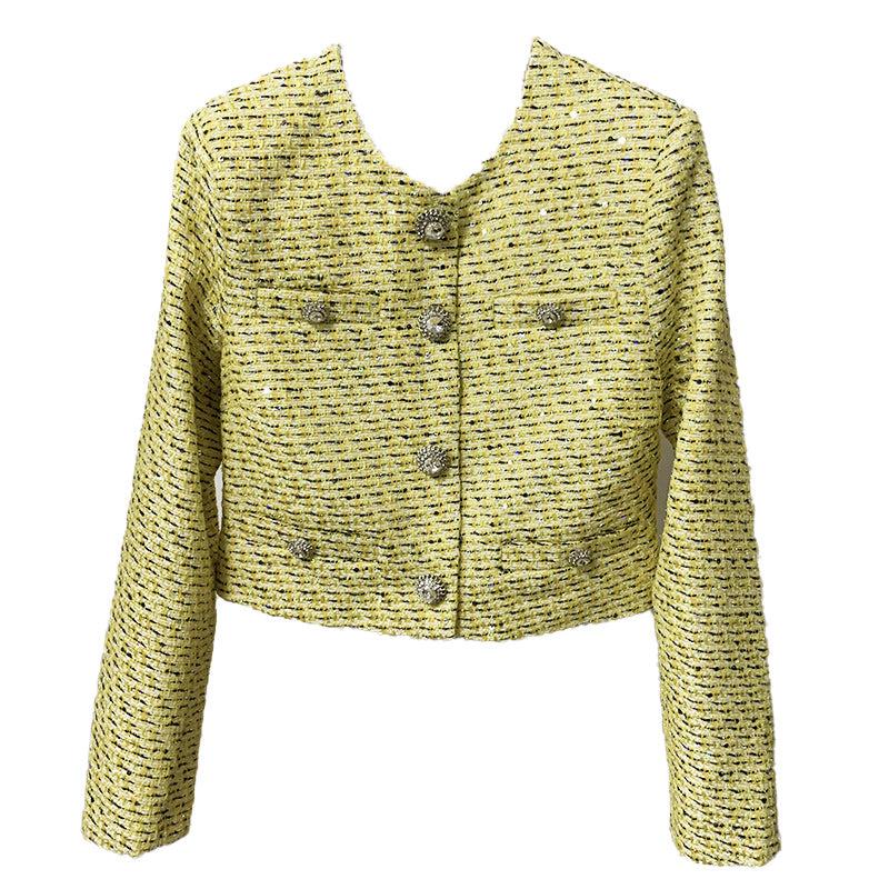 Ensemble Trois Pièces Tweed Jaune Boutons Crystal - Paris Deluxe