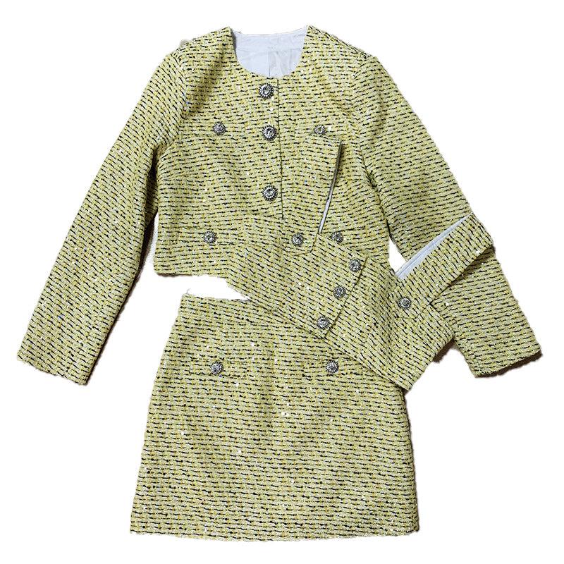 Ensemble Trois Pièces Tweed Jaune Boutons Crystal - Paris Deluxe