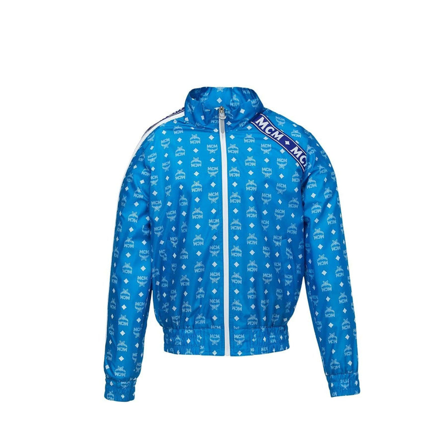 MCM Women's Blue Nylon Bomber Jacket White Logo Print