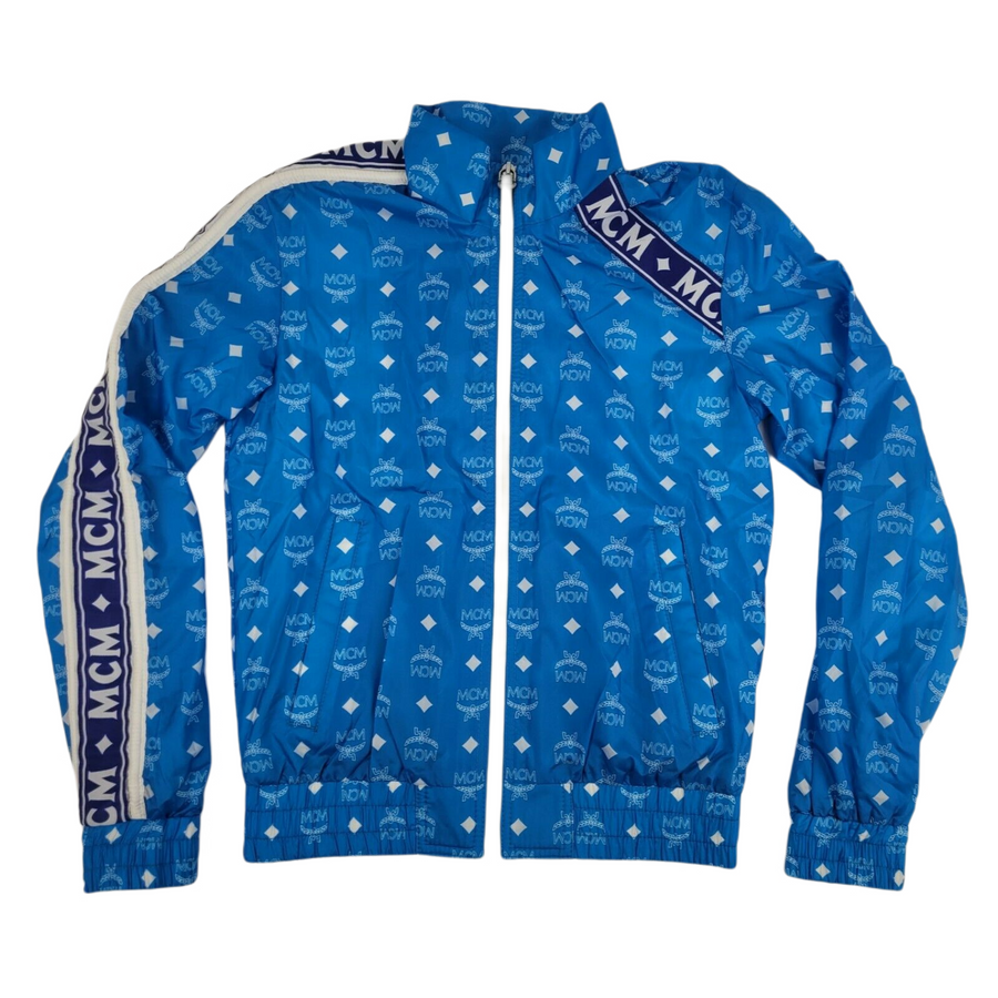 MCM Women's Blue Nylon Bomber Jacket White Logo Print