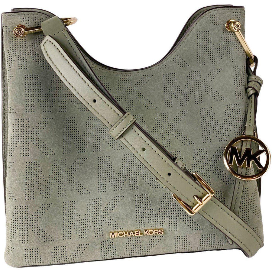 Michael Kors Joan Large Perforated Suede Leather Slouchy Messenger Handbag (Army Green)