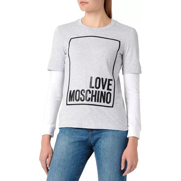 Love Moschino Chic Gray Long-Sleeved Cotton Tee with Logo