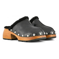 Coral Blue Elegant Black Leather Clogs with Faux Fur Trim