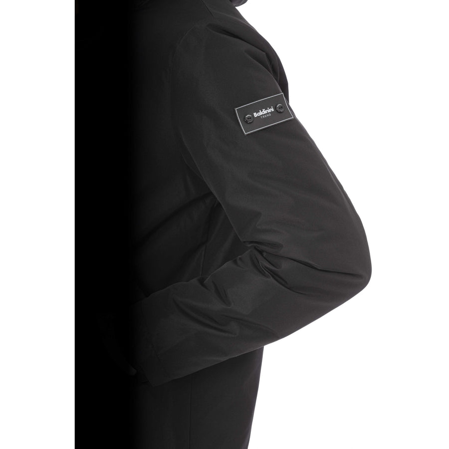 Baldinini Trend Sleek Black Long Jacket with Monogram Detail