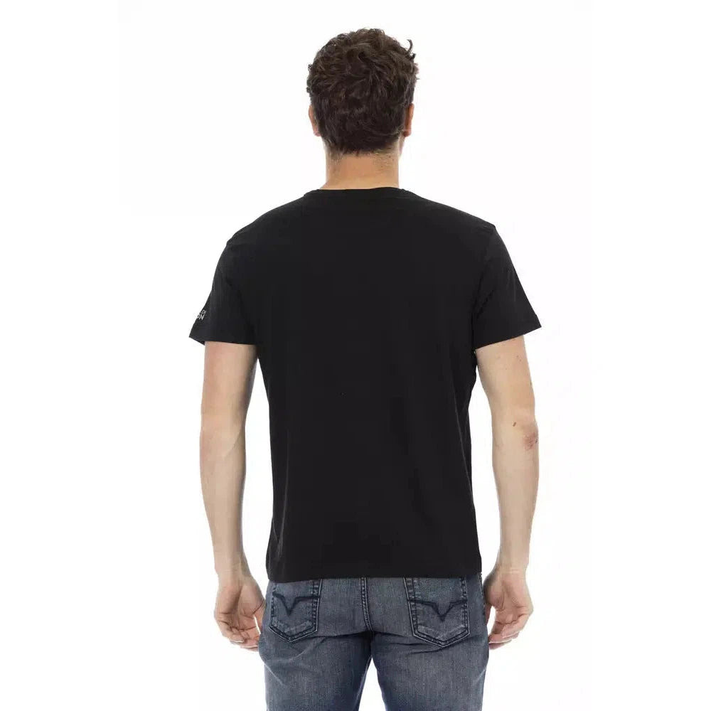 Trussardi Action Sleek Black Graphic Tee with Artistic Flair