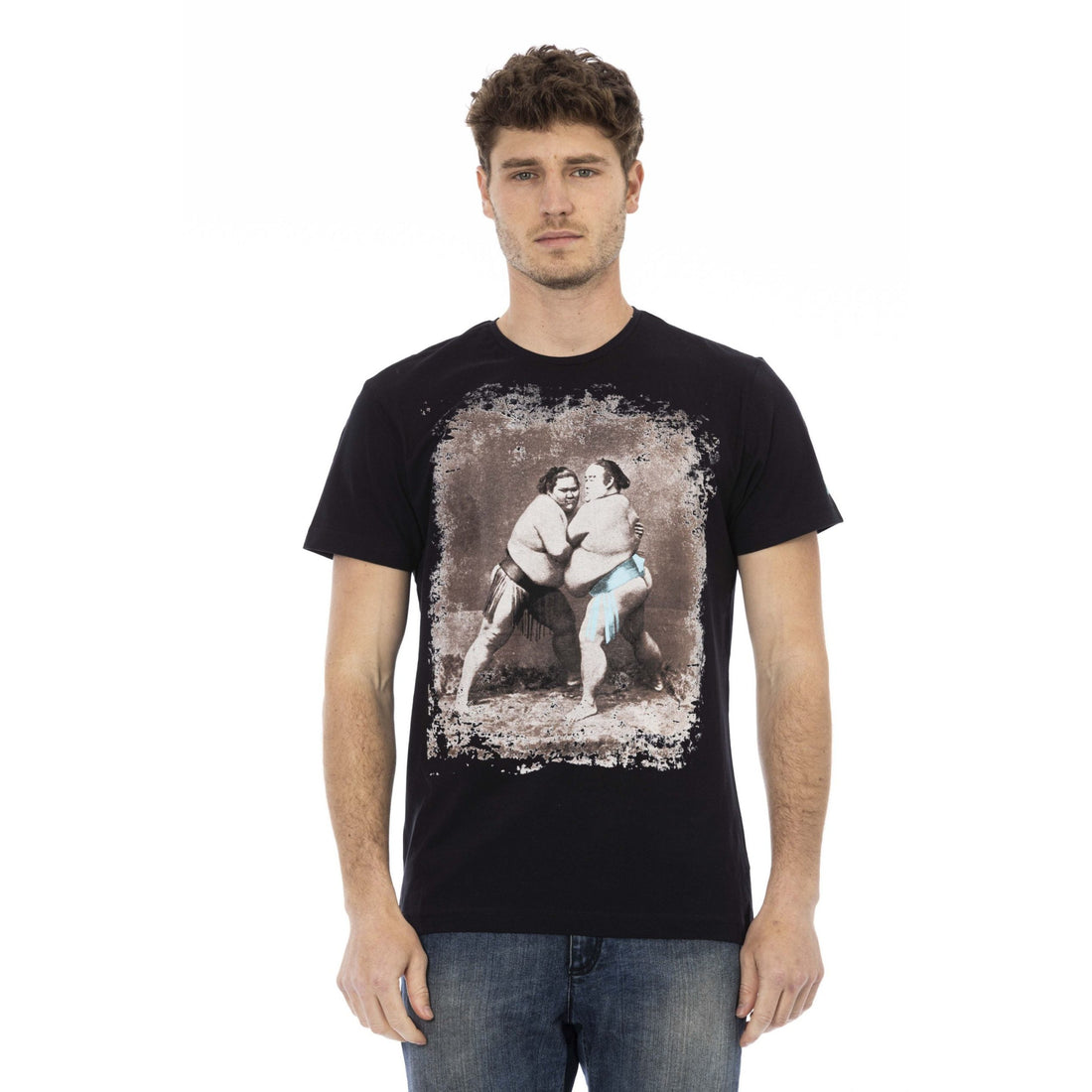 Trussardi Action Elevated Casual Black Tee with Unique Front Print