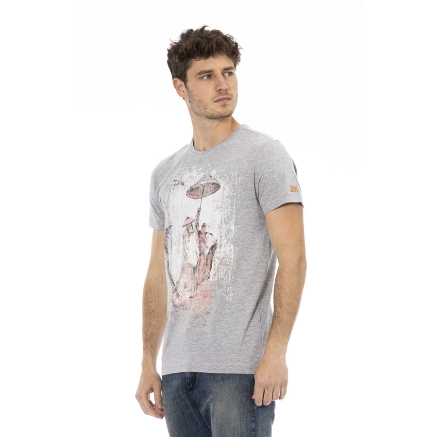 Trussardi Action Chic Gray Cotton-Blend Tee with Artistic Front Print