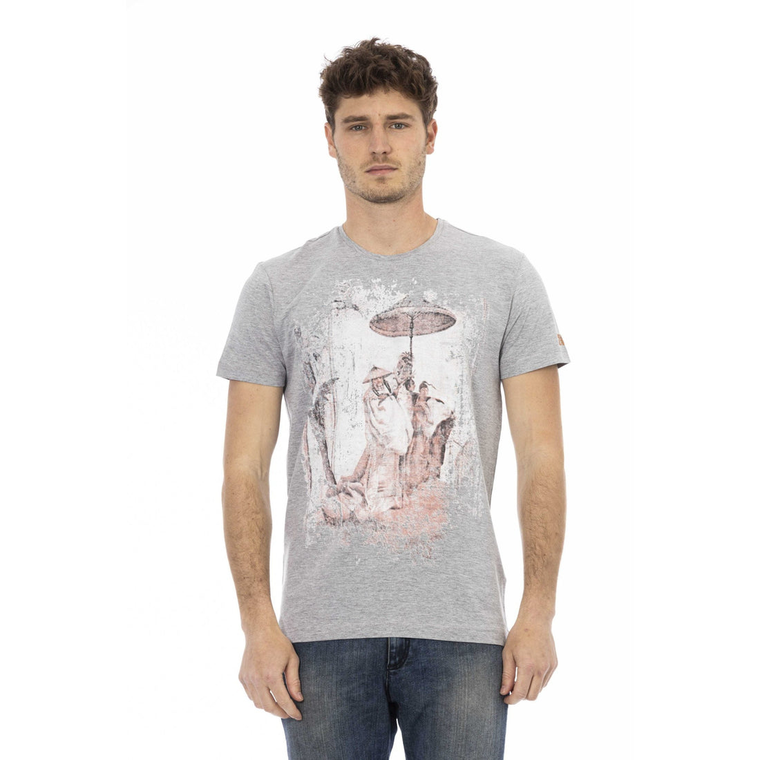 Trussardi Action Chic Gray Cotton-Blend Tee with Artistic Front Print