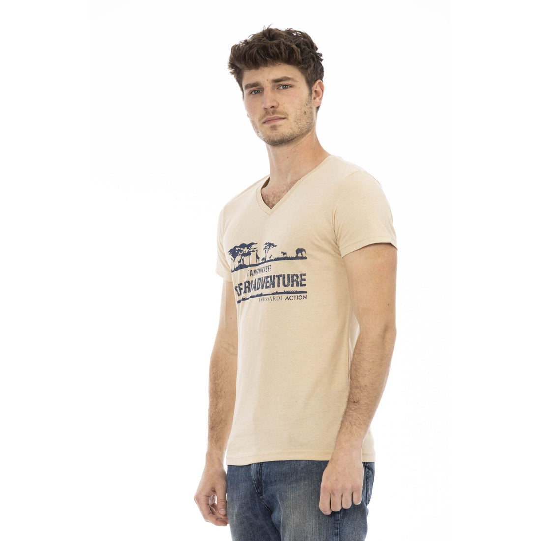 Trussardi Action Beige V-Neck Tee with Elegant Front Print