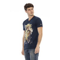 Trussardi Action Chic Blue V-Neck Tee with Elegant Front Print