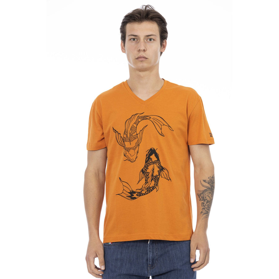 Trussardi Action Vibrant Orange V-Neck Tee with Elegant Print