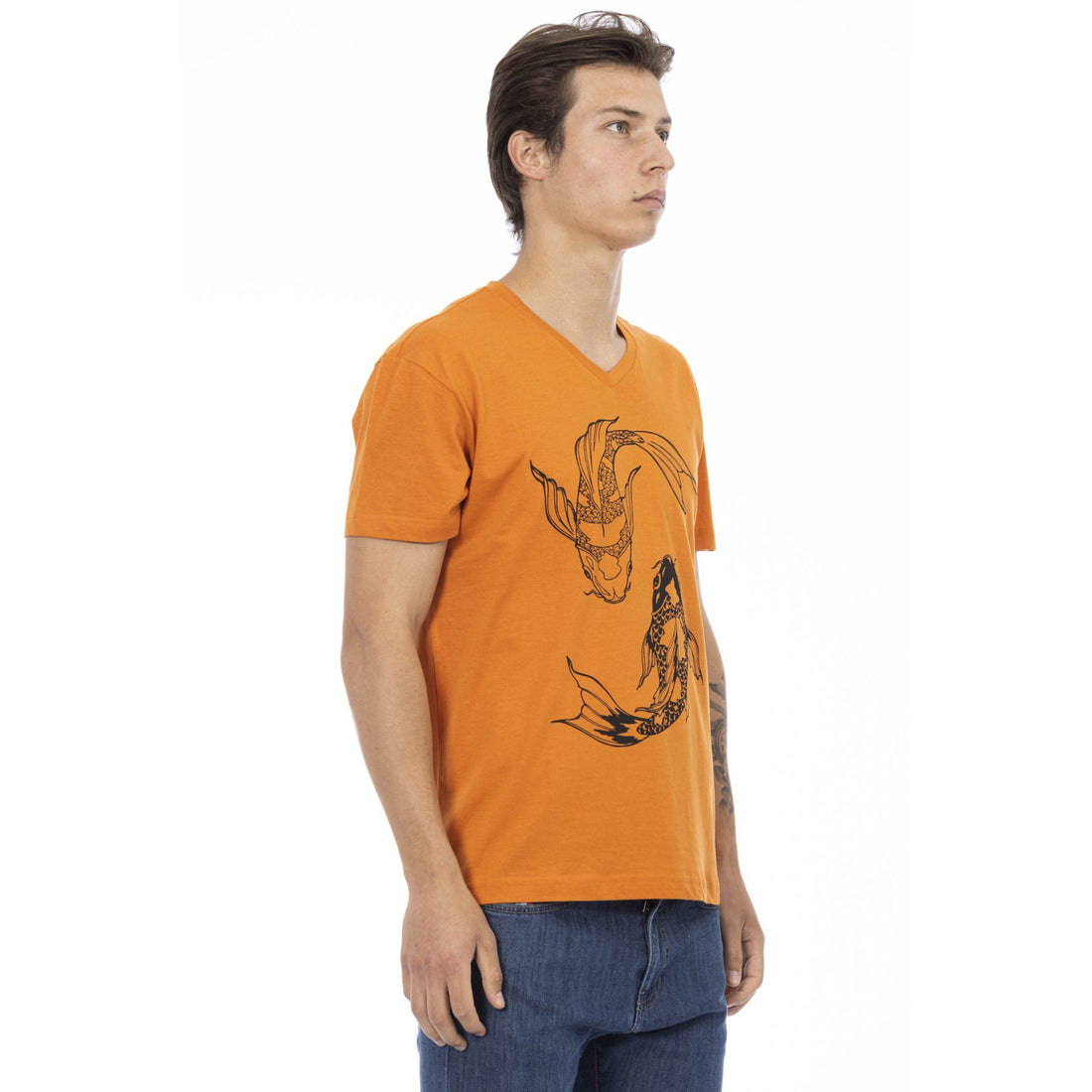 Trussardi Action Vibrant Orange V-Neck Tee with Elegant Print