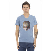 Trussardi Action Chic Light Blue V-Neck Tee with Front Print