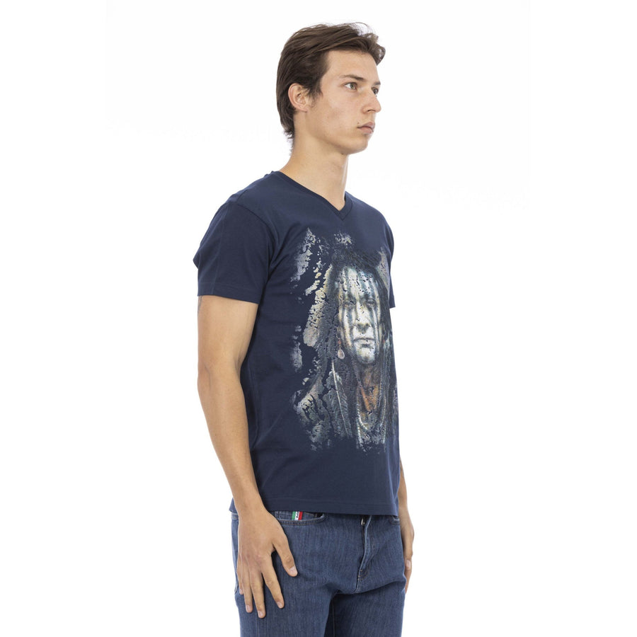 Trussardi Action Chic Blue V-Neck Tee with Bold Front Print