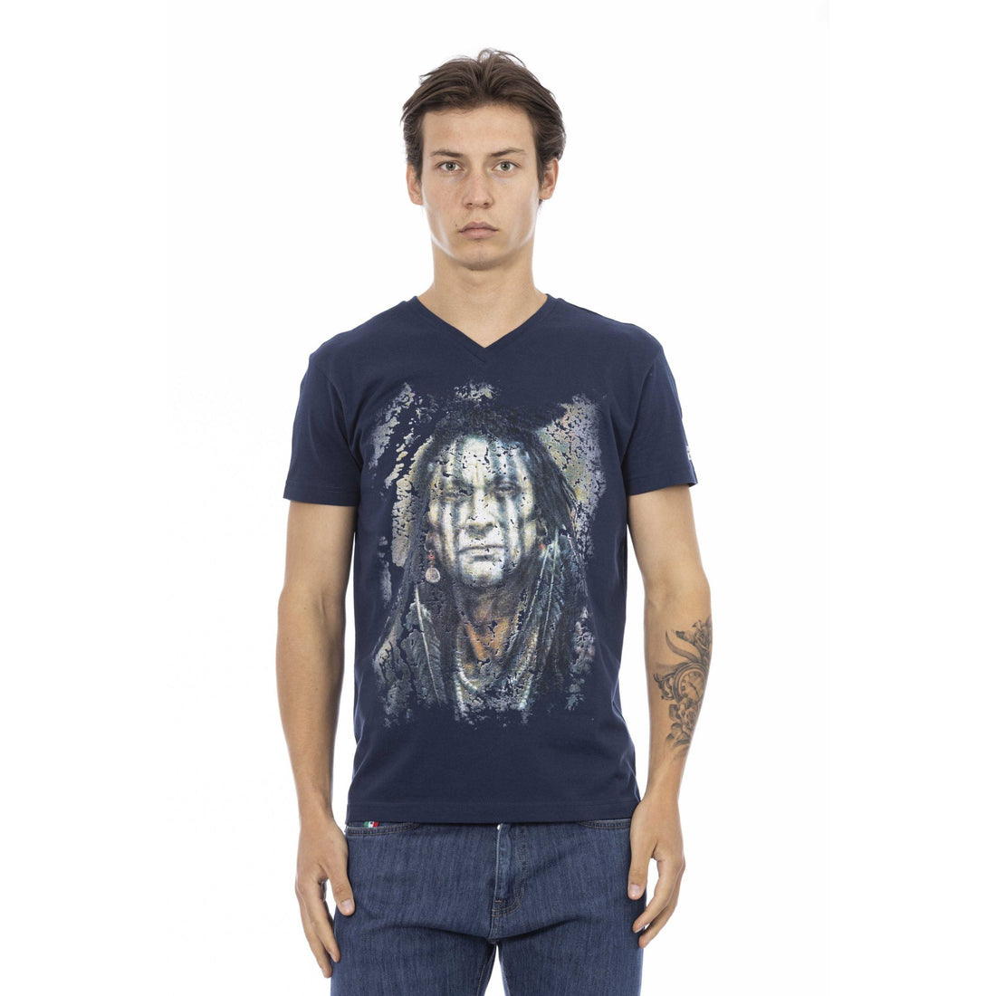 Trussardi Action Chic Blue V-Neck Tee with Bold Front Print