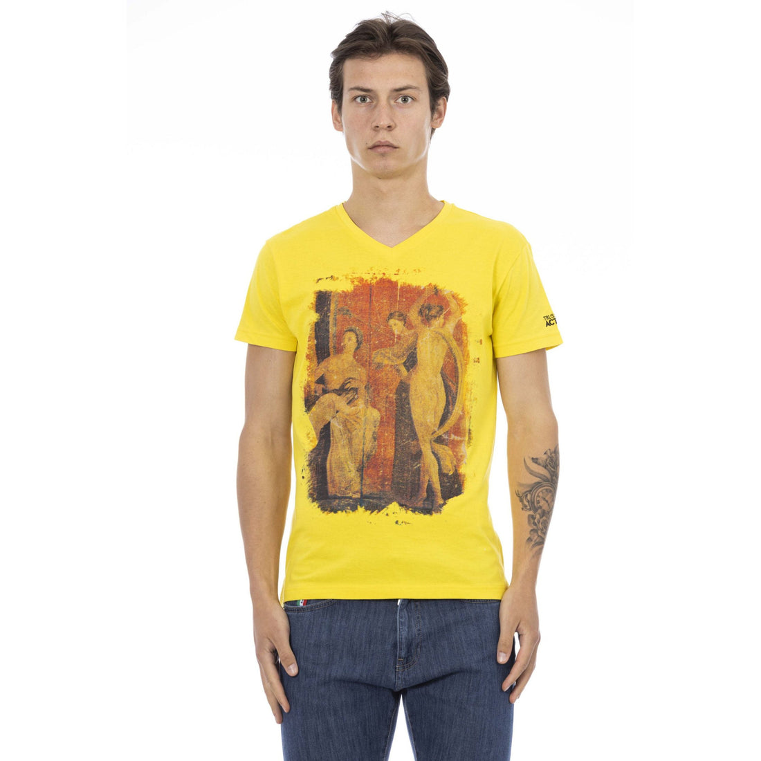 Trussardi Action Sunshine Yellow V-Neck Tee with Graphic Charm