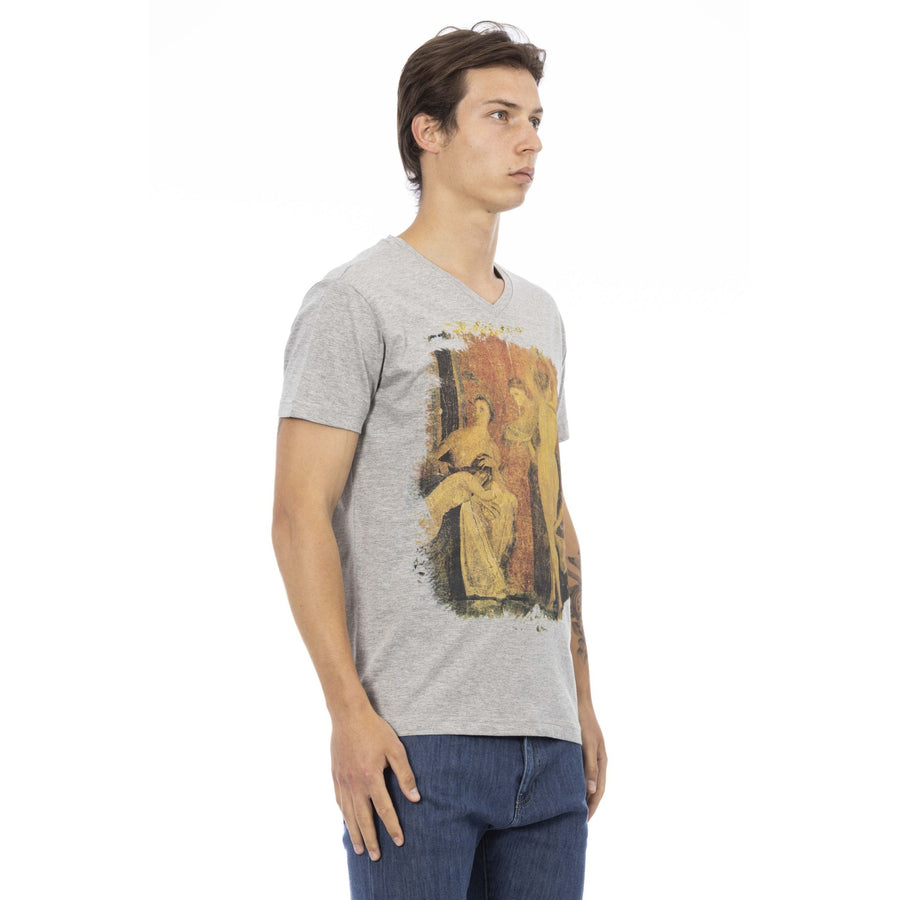 Trussardi Action Elegant Gray V-neck Tee with Front Print