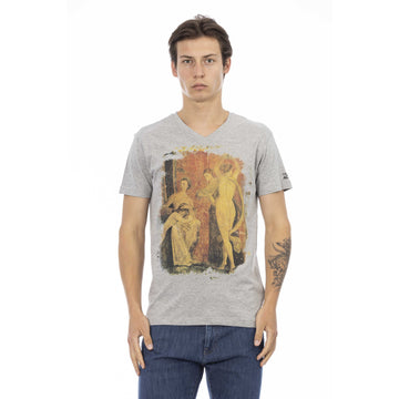 Trussardi Action Elegant Gray V-neck Tee with Front Print