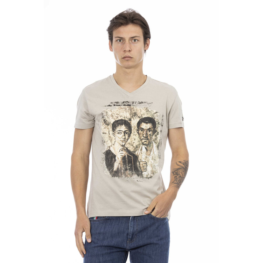 Trussardi Action Chic Beige V-Neck Tee With Front Print