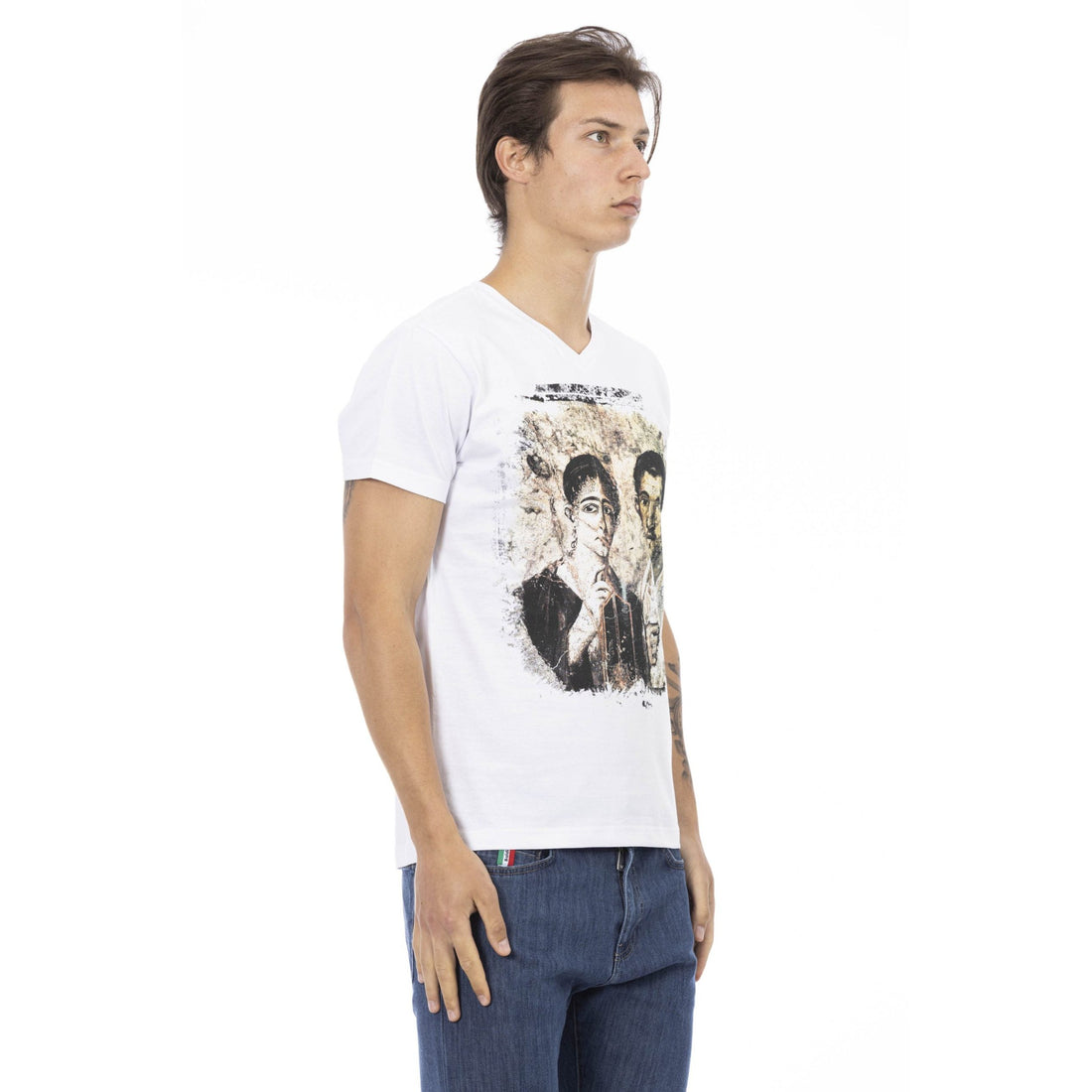 Trussardi Action Elegant V-Neck Designer Tee with Chic Front Print