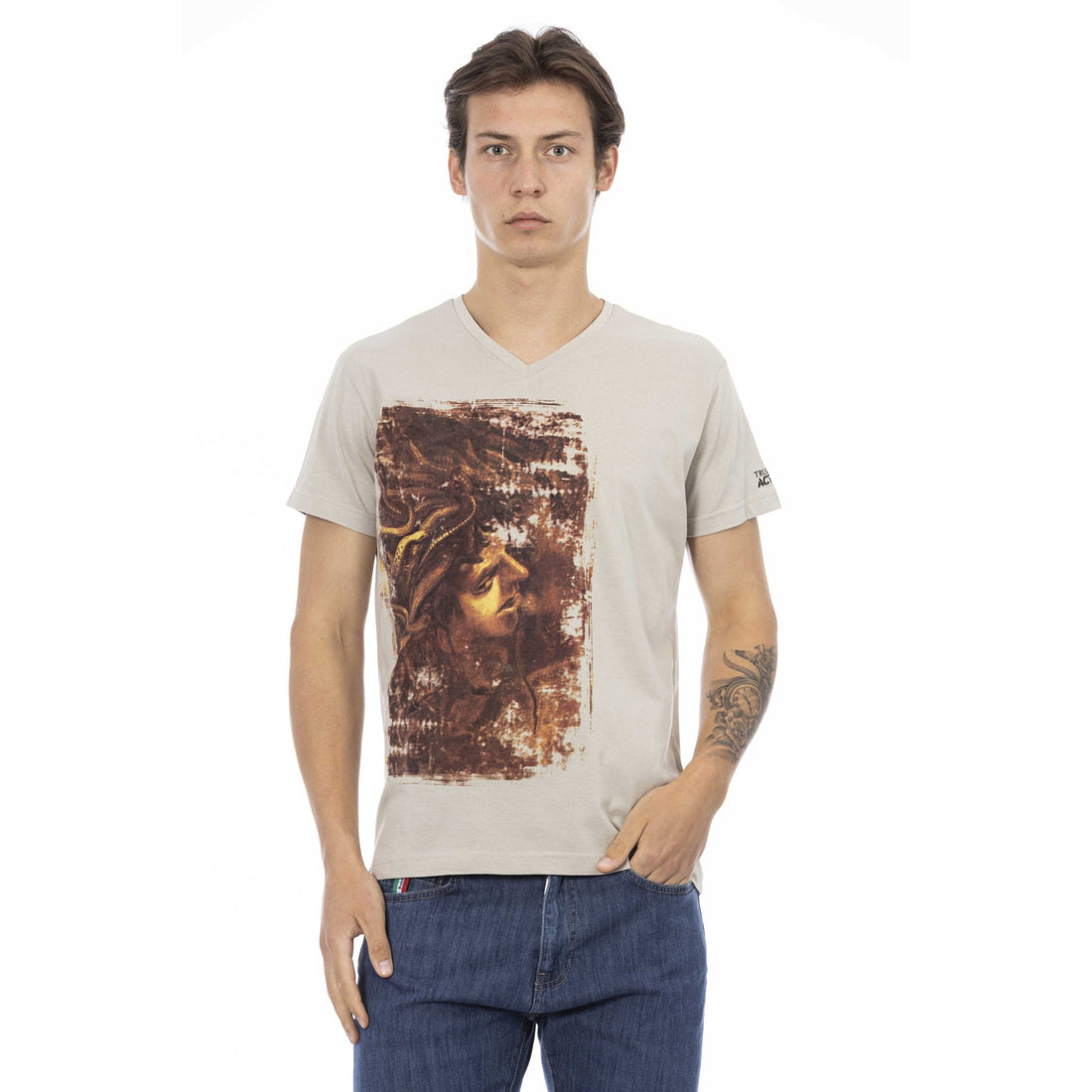 Trussardi Action Beige V-Neck Tee with Chic Front Print