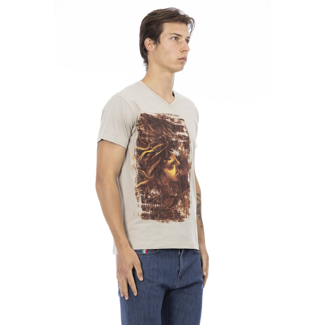 Trussardi Action Beige V-Neck Tee with Chic Front Print