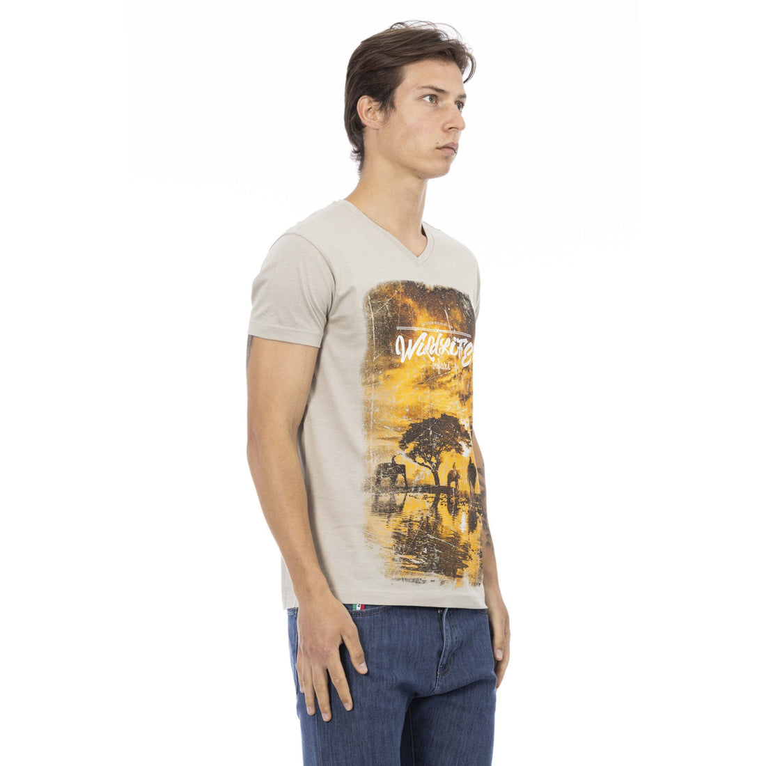 Trussardi Action Beige V-Neck Tee with Elegant Front Print